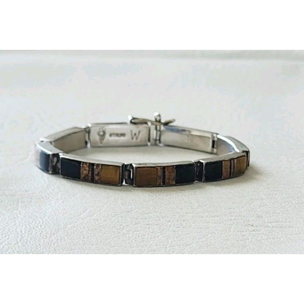 Charles Willie Navajo Sterling Jasper Tiger's Eye Jade Inlaid Bracelet 22g